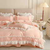 Popxstar Pink Lace Bedspread Bedding Set King Size Luxury Princess Duvet Cover Bed Sheet Girls Gift Bedclothes Cotton Home Textile