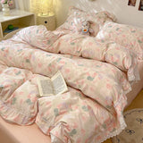 Popxstar  4Pcs Vintage French Fresh Floral Lace Ruffles 100% Cotton Bedding Set Duvet Cover Bed Skirt/Bed Sheet/Fitted Sheet Pillowcases