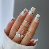 Popxstar 24Pcs Short Ballet False Nails with Bow Design White French Press on Nails Wearable Square Head Full Cover Fake Nail Manicure