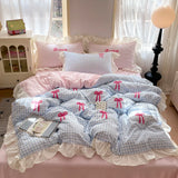 Korean Style Bedding Sets Pink Grid Bow Quilt Cover Romantic Bed Sheet Sets Woman Girls Bedroom Duvet Cover 4pcs