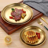 Popxstar  4pcs Large Round Stainless Steel Dinner Plates Fruit Tray- Heavy-Duty Golden Serving Plates Suitable for Weddings, Buffets