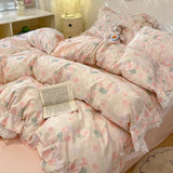 Popxstar  4Pcs Vintage French Fresh Floral Lace Ruffles 100% Cotton Bedding Set Duvet Cover Bed Skirt/Bed Sheet/Fitted Sheet Pillowcases