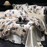 Natural Silk Bedlinens Bedding Set Nordic Flower Printed Duvet Cover Set Couple Double King Queen Size Soft Bed Sheet Pillowcase