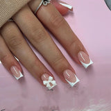 Popxstar 24Pcs Pink Square Head Fake Nails Press on Flower Bow Rhinestone Design Nails Set with Jelly Glue Wearable French False Nails