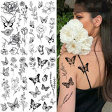 Popxstar Butterfly Fake Tattoo for Woman Black Flower Tattoo Sketch Tattoo Sticker  Rose Blossom Tattoo Temporary Waterproof