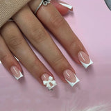 Popxstar 24Pcs Short Ballet False Nails with Bow Design White French Press on Nails Wearable Square Head Full Cover Fake Nail Manicure