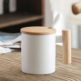 Popxstar  310ML Ceramic Coffee Mug with Wooden Handle & Lid Milk Cup Couple's Mug Office Kitchen Water Cup Drinkware Gift Box Set