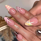 Popxstar  24pcs Long Almond Fake Nails Tips Leopard Print Design French False Nail Art Ins Flower Pink Press on Nails Finished Manicure