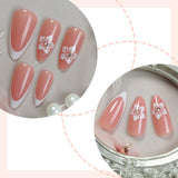 Popxstar  24Pcs Nude Pink Color Press On Nails Almond White French Tip Fake Nails Fairy Flower Printed Sweet Girls DIY Manicure Nails Art