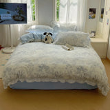 Popxstar Blue Floral Ruffle Duvet Cover Set Queen Flower Leaf Comforter Covers 4Pcs Soft Luxury Pastoral Garden Washed Cotton Bedding Set
