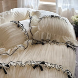 Popxstar  Romantic Lace Ruffles Bow Wedding Bedding Set 800TC Lyocell Silky Cooling Duvet Cover Flat/Fitted Bed Sheet Pillowcases 4Pcs