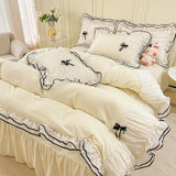 Popxstar Kawaii Seersucker Bedding Set For Girls Princess Bow Ruffle Lace Bed Skirt Skin-Friendly Solid Color Duvet Cover Sets Queen King