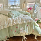 4Pcs Bedding Set Floral Rabbit Bow Lace Bed Sheets With Green Duvet Cover Muslin Bedding Bed Sheets Kawaii Princess Bedding