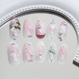 Popxstar 24Pcs Pink Almond False Nails Butterfly Ballet with French Design Wearable Fake Nails Simple Artificial Press on Nails Tips Art
