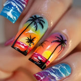 Popxstar  24pcs Colorful Fake Nails Press on Sets Summer Seaside Pattern Design Full Cover Nails Tips Datachable False Nail Art Finished