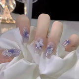 Popxstar 24Pcs Three-dimensional Love Heart False Nails with French Design Long Coffin Wearable Fake Nails Rhinestone Press on Nails Tips