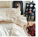 Popxstar  Rose Embossing Quilted Duvet Cover Set Vintage Lace Ruffles Pure Cotton Bedding Set Bed Sheet/Bed Skirt/Fitted Sheet Pillowcases