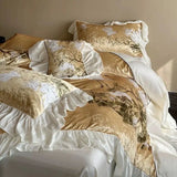 Popxstar  Luxury Gold Velvet Egyptian Cotton Patchwork Ruffles Vintage French Bedding Set Duvet Cover Flat/Fitted Bed Sheet Pillowcases