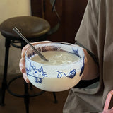 Popxstar Salad Bowl Transparent Cat Line Art Glass Bowl Borosilicate Fruit Yogurt Bowl Microwave Style Dessert Walled Snack Container