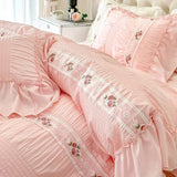 French Romantic Lace Bubble Gauze Bedding Set Queen Elegant Princess Style Embroidered Duvet Cover Set Ruffled Quilt Cover Sets