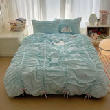 Solid Color Pleated Textured Soft Breathable Chic Princess 4pcs Bedding Set, Delicate Bows Twin Duvet cover Bed sheet Pillowcase