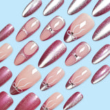Popxstar  Pink Purple Almond French Fake Nails 24Pcs Glossy Cat's Eyes Press On Nails Bowknot Decor Reusable False Nails Art for Manicure