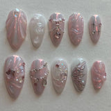 Popxstar 24pcs Sweet False Nail Patches Detachable Fake Nail Tips With Bowknots Love Heart Pearl Design Pink Almond Korean Press On Nail