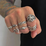 Popxstar  7 Pcs/Set Hip Hop Irregular Star Open Rings for Men New Punk Geometric Pentagram Adjustable Ring Male Jewelry Accessories