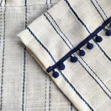 Popxstar Blue Striped Cotton Linen Texture Short Curtains Translucent Short Curtains With Hairball Tassels for Kitchen, Café, Restaurant