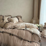 Popxstar  Romantic Lace Ruffles Bow Wedding Bedding Set 800TC Lyocell Silky Cooling Duvet Cover Flat/Fitted Bed Sheet Pillowcases 4Pcs