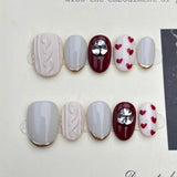 Popxstar  10pcs Yellow Short Almond Handmade False Nails Art with Golden Pattern Design Press on Nails Tips Wearable Christmas Fake Nail