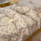 Popxstar  4Pcs Vintage French Fresh Floral Lace Ruffles 100% Cotton Bedding Set Duvet Cover Bed Skirt/Bed Sheet/Fitted Sheet Pillowcases