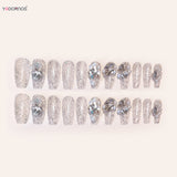 Popxstar  24Pcs Long Ballerina Fake Nails Sparkly Diamond Designs Press on Nails White Pearl Clear False Nails for Women Bride Wedding