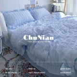 popxstar INS Girl Blue Bedding Sets Solid Color Seersucker Ruffles Lace  Kawaii Soft Sheet Woman Duvet Cover Pillow Covers Quilt Cover