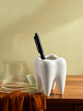 1pc Creative Tooth Shaped Pen Holder, Unique White Tooth Design, Suitable For Dental/Dentist Small Gifts, Home Office Desktop Organizer And Makeup Brush Holder, Also Can Be Used For Bathroom Toothbrush Storage Office Desk Acc
