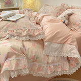 Popxstar  4Pcs Vintage French Fresh Floral Lace Ruffles 100% Cotton Bedding Set Duvet Cover Bed Skirt/Bed Sheet/Fitted Sheet Pillowcases