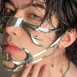 Popxstar   Hip Hop Mask Irregular Steel Cosplay Mechanical Face Wear Metal Alien Fluid Ornament Cool Street Jewelry Gift