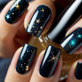 popxstar Shiny Blue Fake Nails 24Pcs Short Square Press On Nails Sparkly Gold Star Designs Reusable Acrylic False Nails Tips for Woman