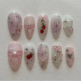 Popxstar 24pcs Sweet False Nail Patches Detachable Fake Nail Tips With Bowknots Love Heart Pearl Design Pink Almond Korean Press On Nail