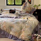 Popxstar  Nordic Bedding Sets 100% Cotton Floral Flat Bed Sheet Set 2 Pillowcases Skin-Friendly Queen King Double Size Bed Linen Set