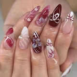 Popxstar  24pcs Wine Red False Nails Sets Finished Flower Design Long Almond Fake Nail Tips Detachable Fashion Spicy Girl Press on Nails