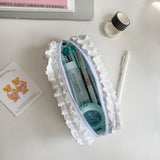 Popxstar Korean Lace Floral Pencil Case Portable Fabric Ruffle Stationery Organizer  Aesthetic Study Pen Bag for Students Back To School