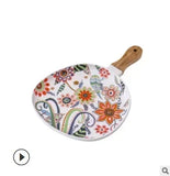 Popxstar  Butterfly Love Flower Series High Temperature Matte Glazed Wooden Handle Oval Steak Plate Western Food Plate Ceramic Plate
