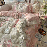 Popxstar 3/4Pcs Korean Princess Style Floral Ruffles Bedding Set Skin-friendly Soft Duvet Cover Set Bed Sheet Or Bed Skirt Pillowcases