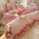 3/4Pcs Bedding Set French Princess Lace Sweet And Creamy Style Cotton Duvet Cover Pink Twice Bed Linen With Ruffles Pillowcase