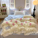Korean Style Bedding Sets Pink Grid Bow Quilt Cover Romantic Bed Sheet Sets Woman Girls Bedroom Duvet Cover 4pcs