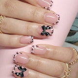 popxstar 24Pcs Pink French Style Fake Nails 3D Bowknot Designs Short Square Press on Nails Sweet Korean Fashion False Nail for Women Girl