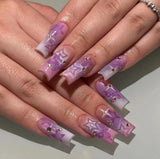popxstar 24Pcs Purple Y2K Press on Nails Star Diamond Designs Full Cover Fake Nails Long Coffin Acrylic False Nails for Women y2k Girls