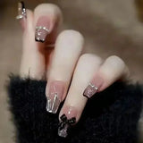 Popxstar 24Pcs Three-dimensional Love Heart False Nails with French Design Long Coffin Wearable Fake Nails Rhinestone Press on Nails Tips