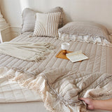 Popxstar  Natural Cotton Linen French Lace Soft Comfortable Quilted Bedspread, Bed Cover, Mattress Topper, Bed Sheet, Pillowcases 3Pcs